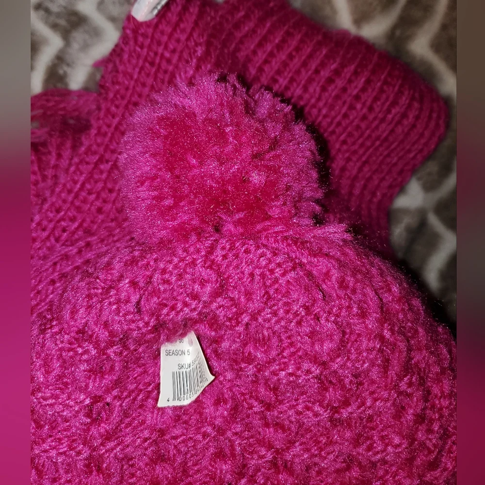 Pom Pom Knit Beanie and Scarf Set - Hot Pink